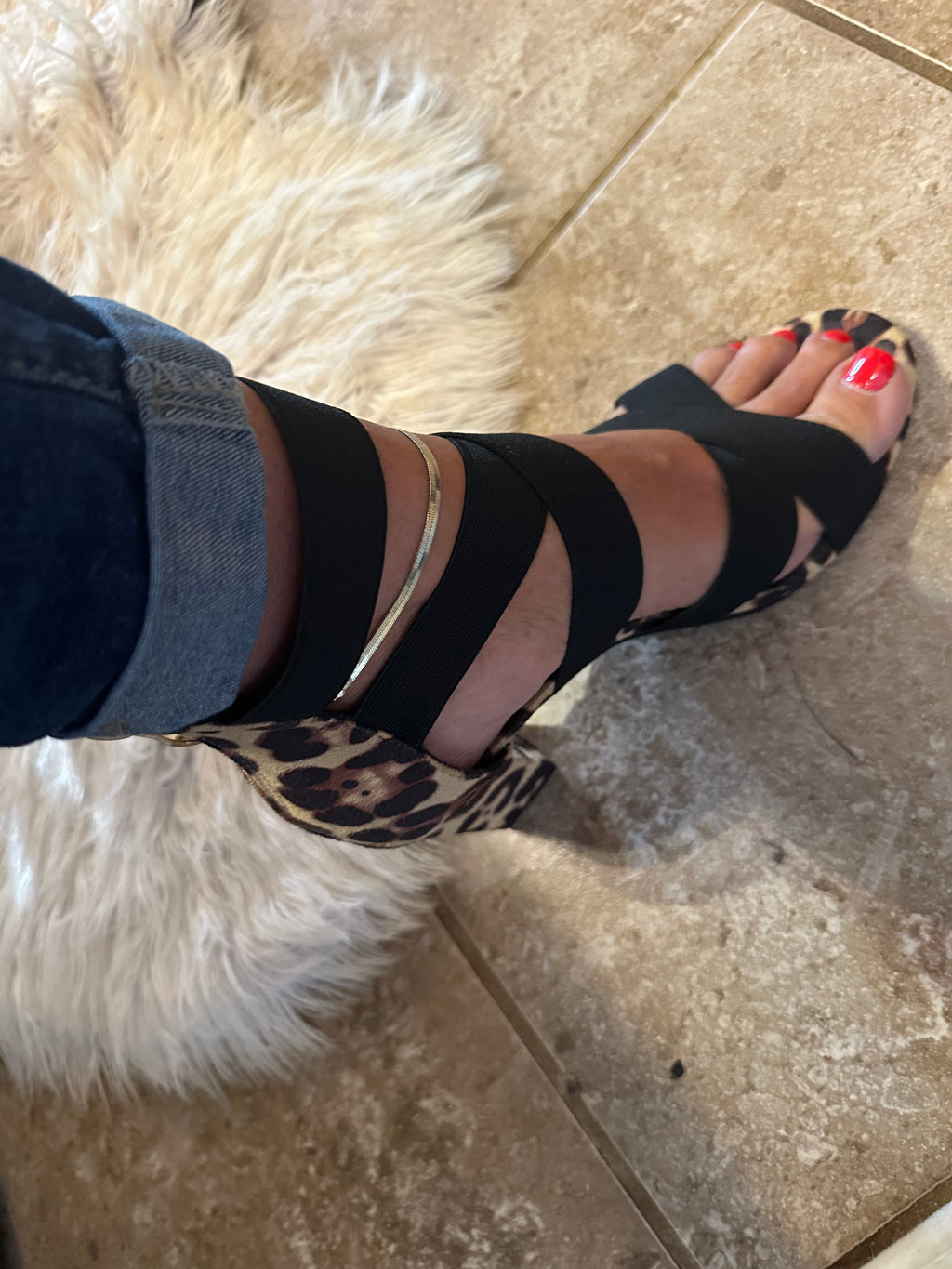 Leopard & Black Criss-Cross Back Gladiator Sandals with Chunky Heels